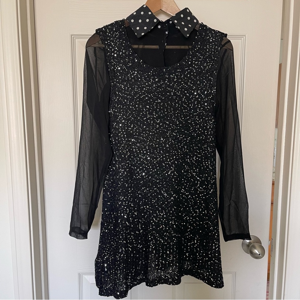 Two-Piece Black Knit Sequined Mini Dress w/ Sheer Sleeves & Polka Dot Collar